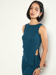 Teal Rib Sleeveless Side Slit Top SASSAFRAS 