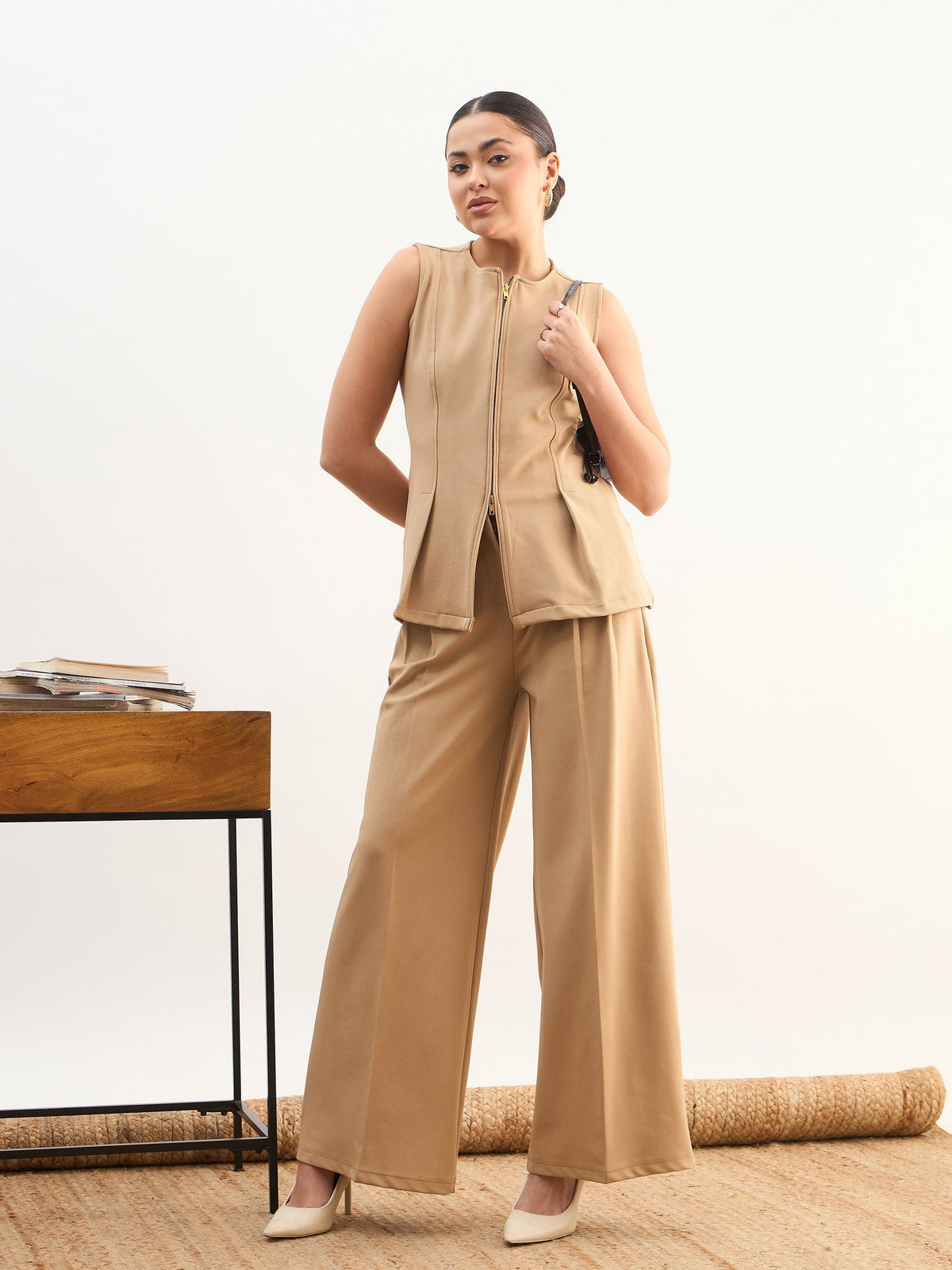 Beige Round Neck Front Zipper Top-SASSAFRAS worklyf