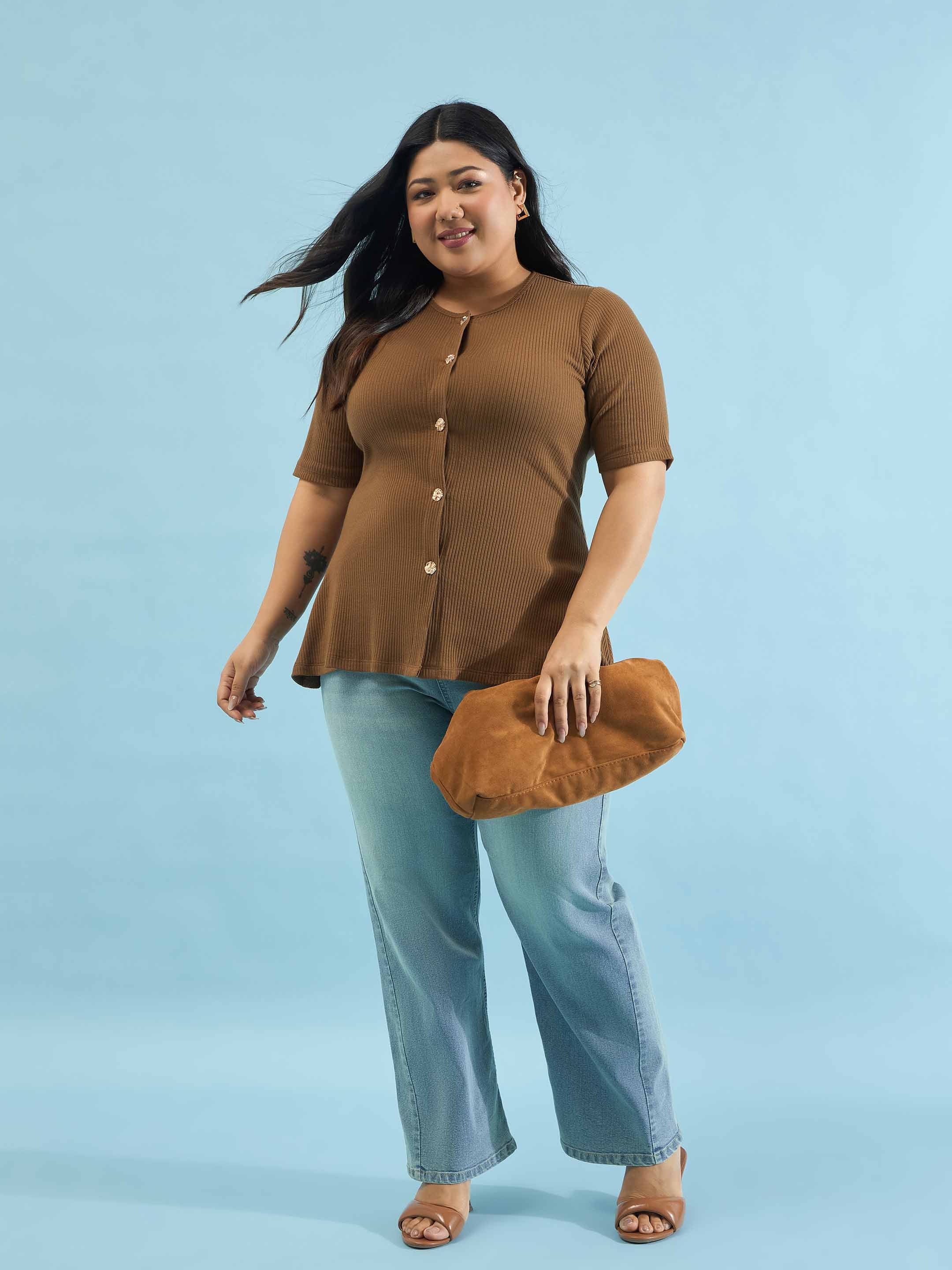 Women Brown Rib Button Down Peplum Top
