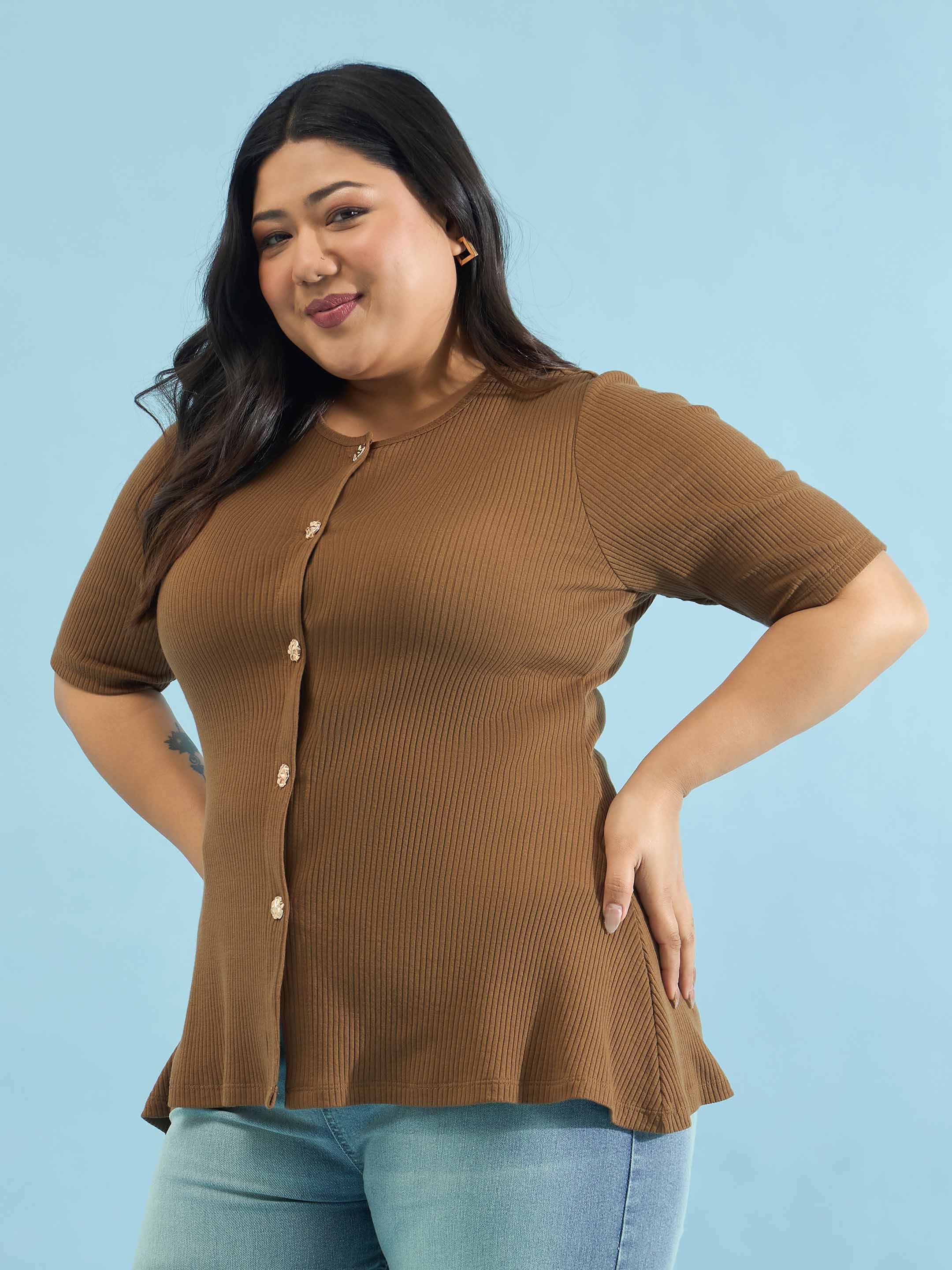 Women Brown Rib Button Down Peplum Top
