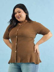 Women Brown Rib Button Down Peplum Top