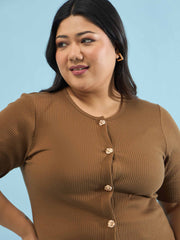 Women Brown Rib Button Down Peplum Top