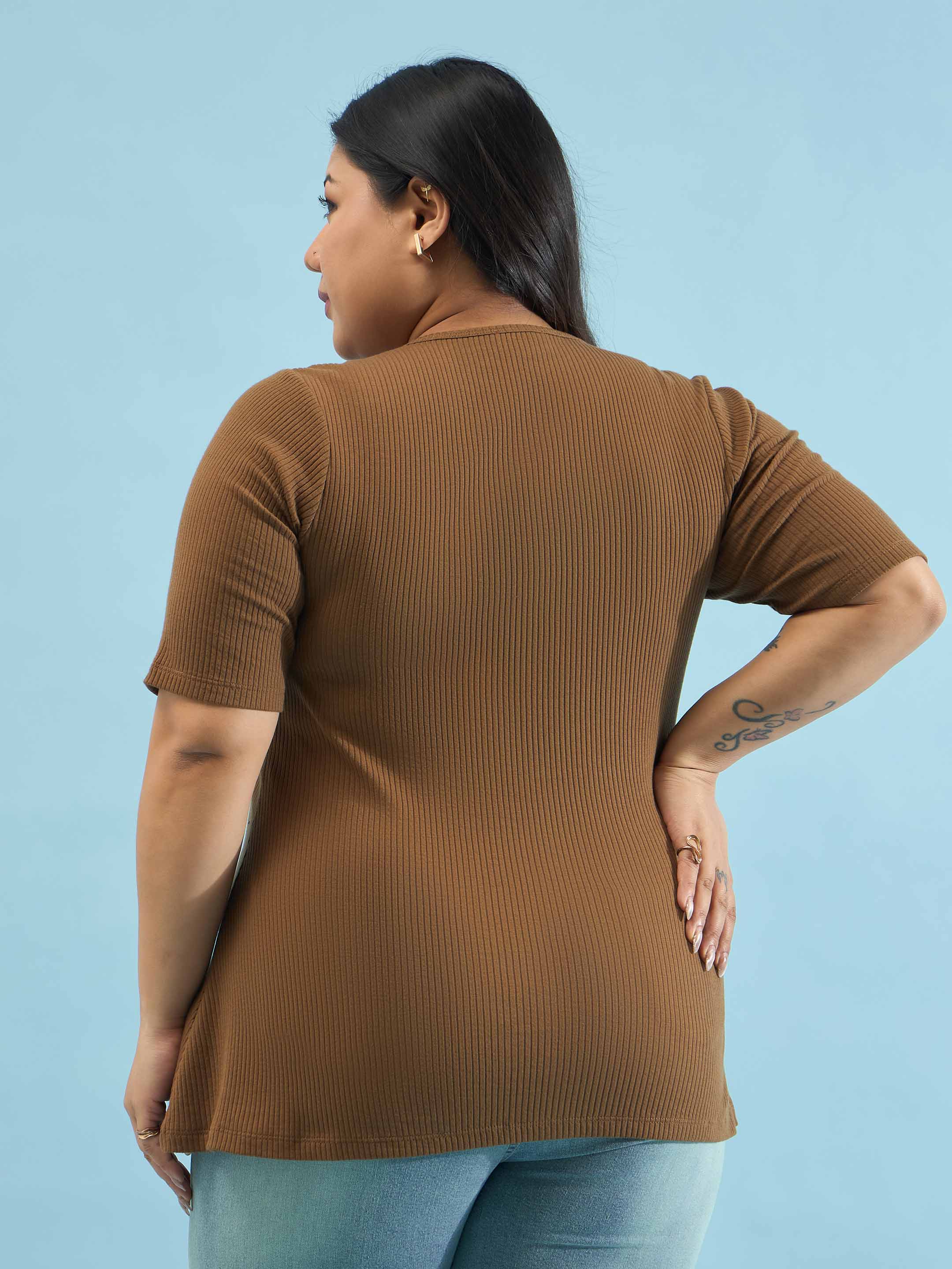 Women Brown Rib Button Down Peplum Top