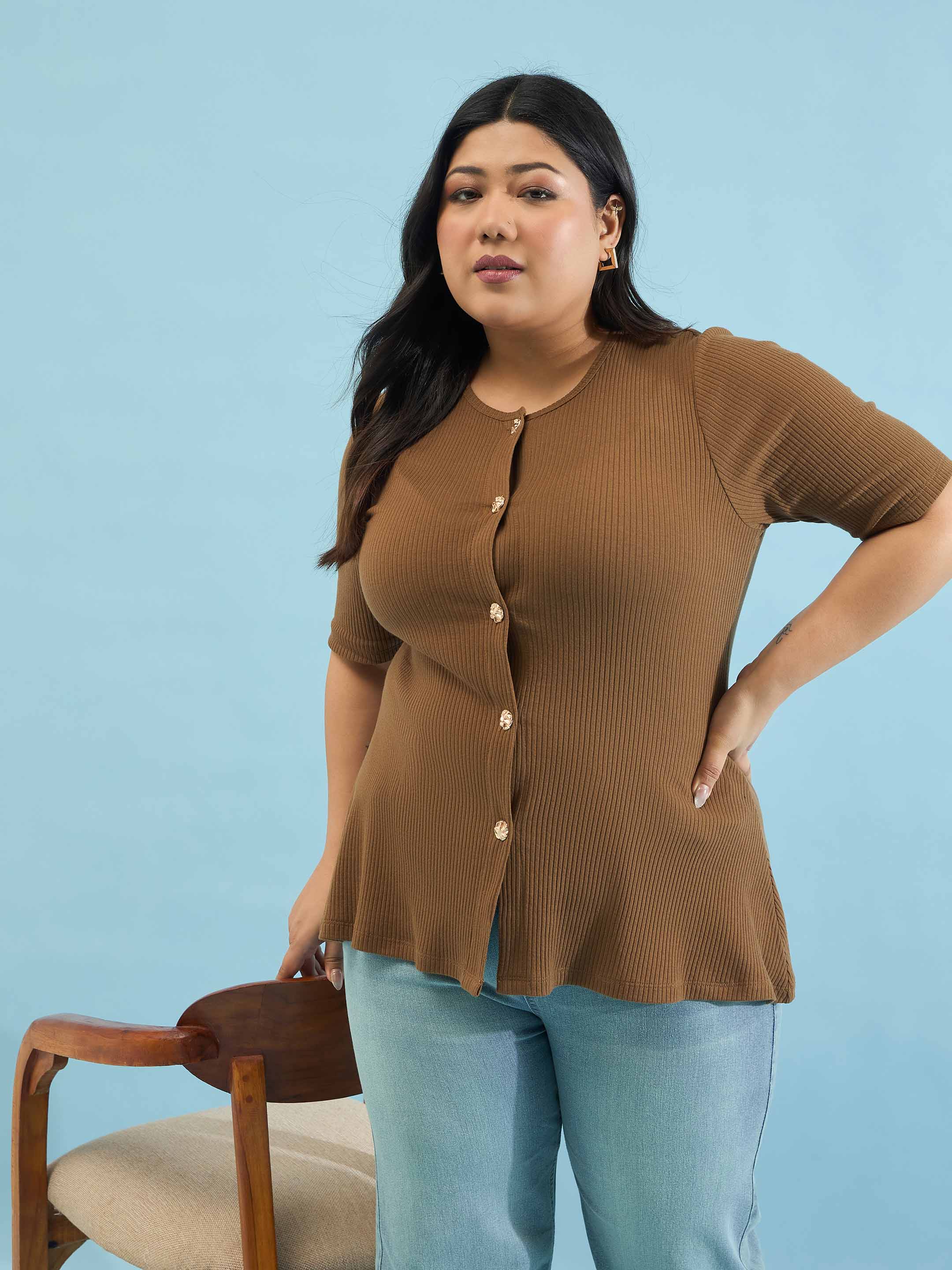 Women Brown Rib Button Down Peplum Top