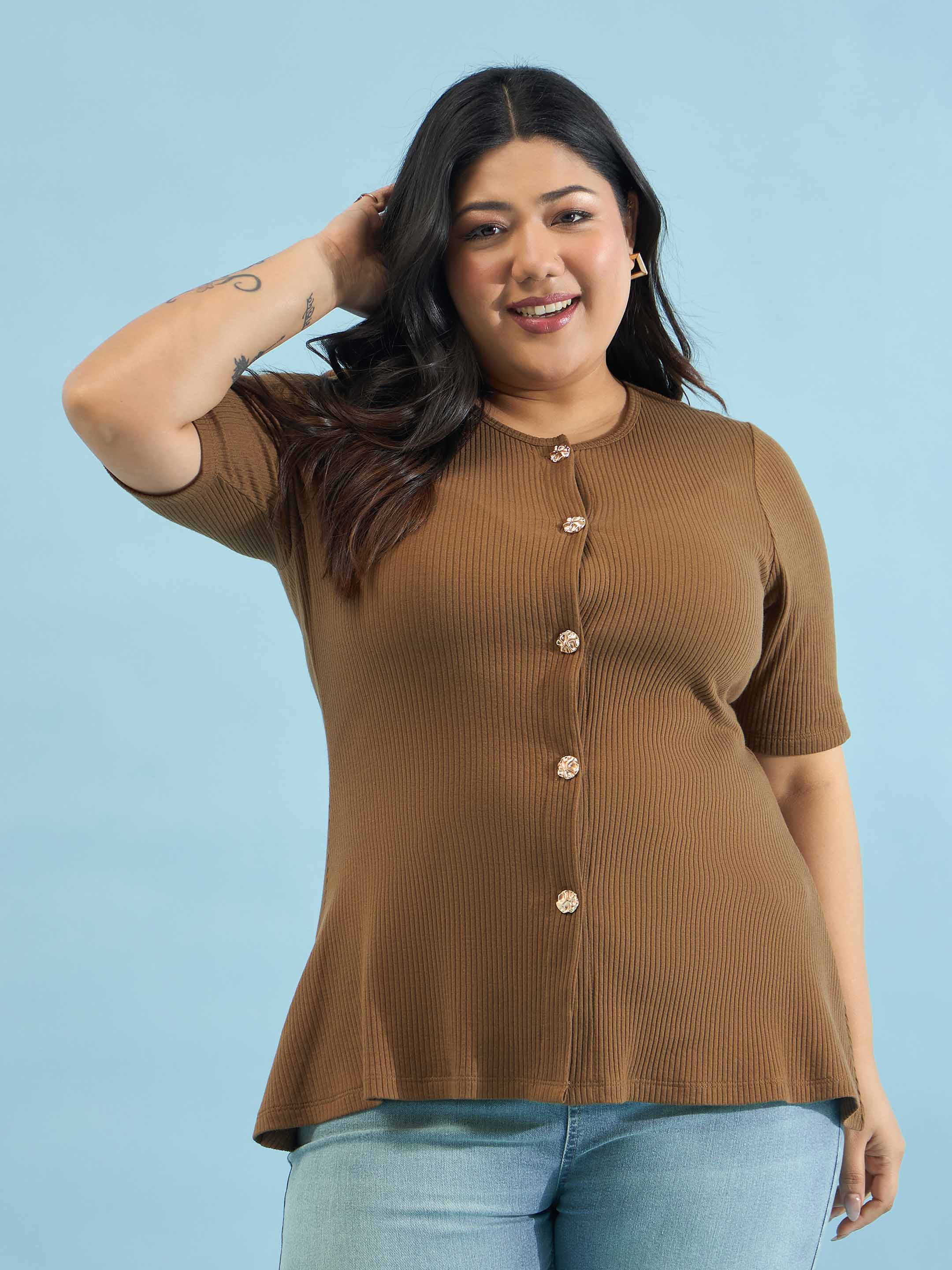 Women Brown Rib Button Down Peplum Top