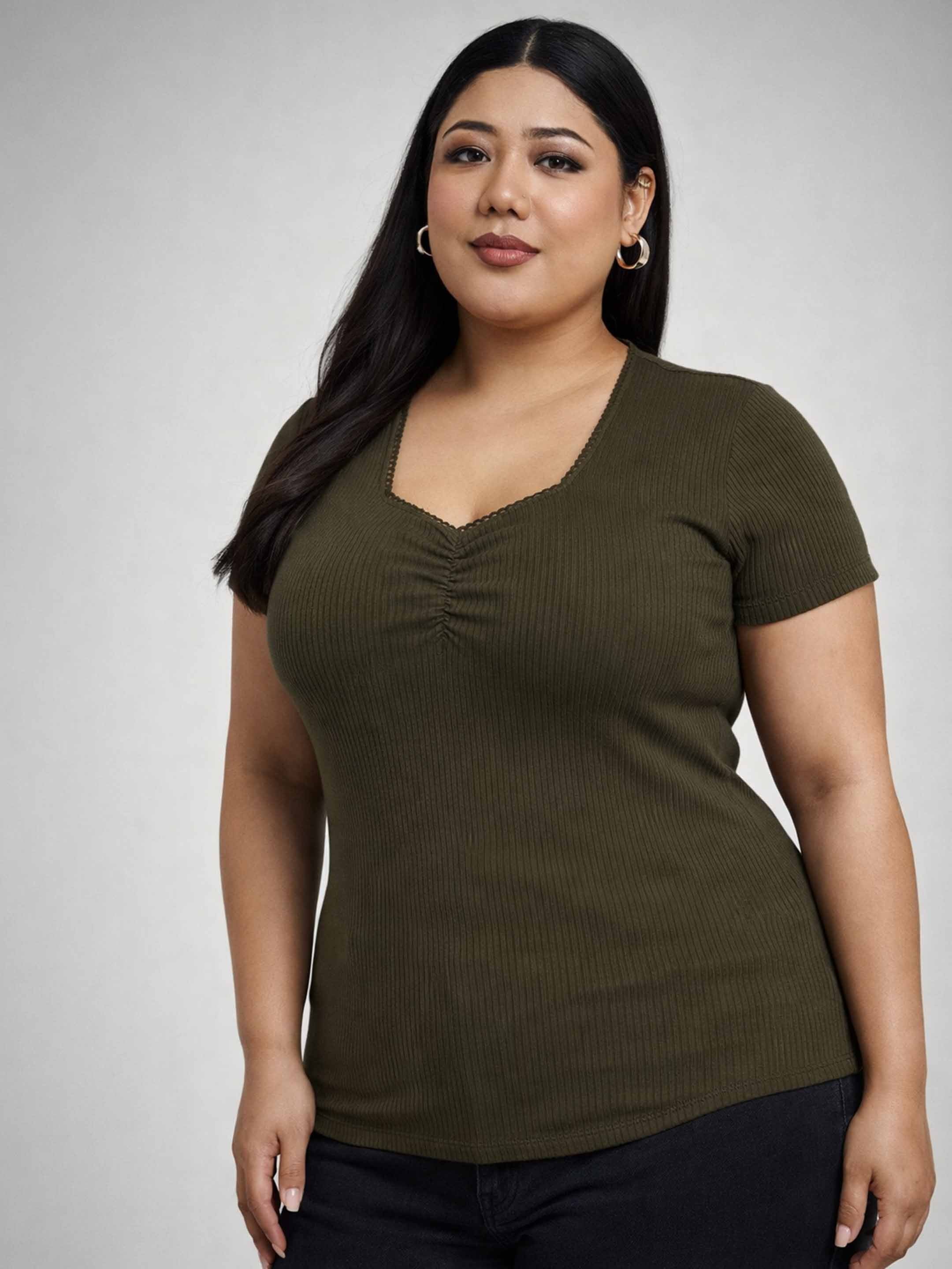 Women Olive Rib Front Ruched Lace Top