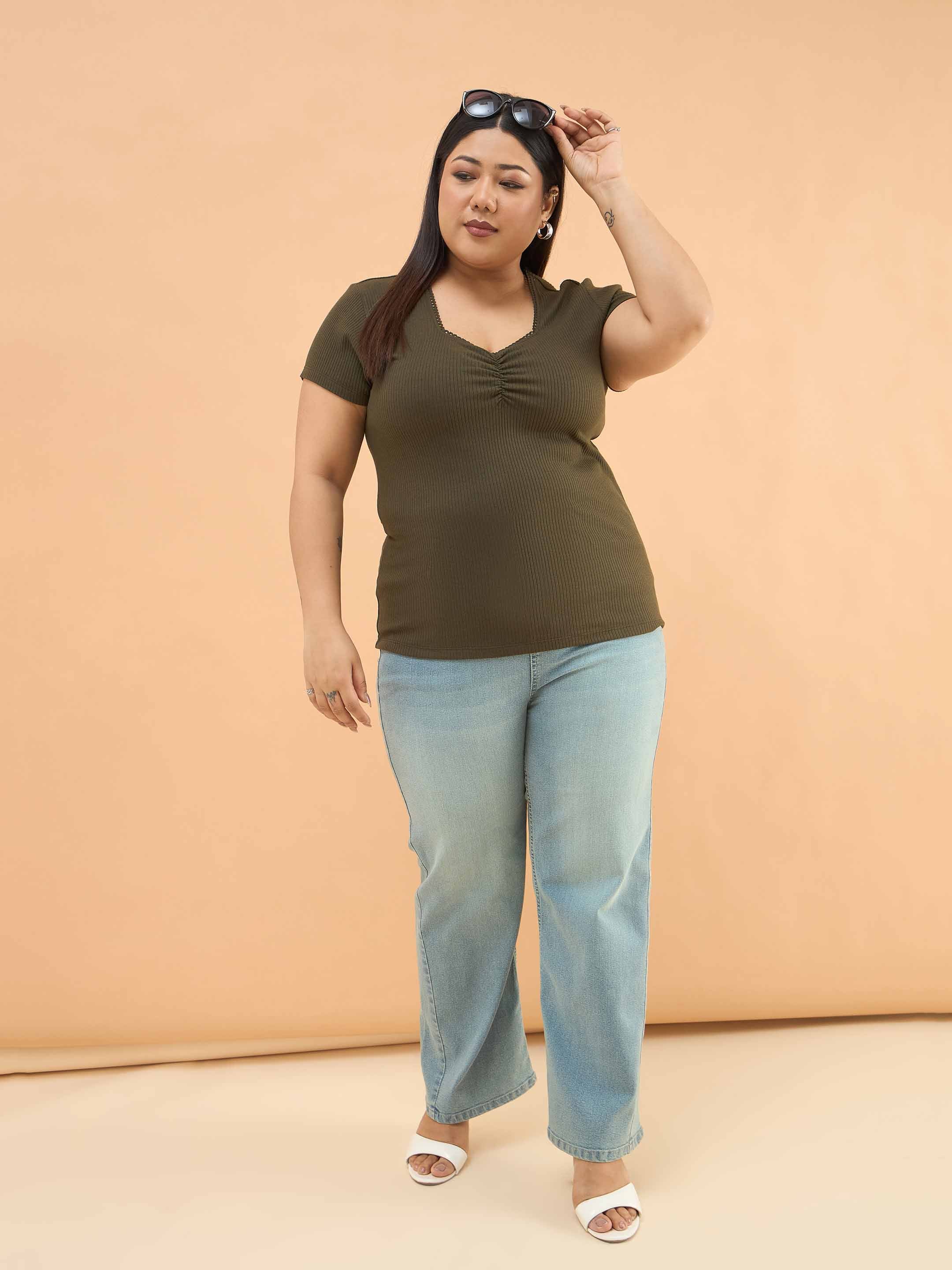 Women Olive Rib Front Ruched Lace Top