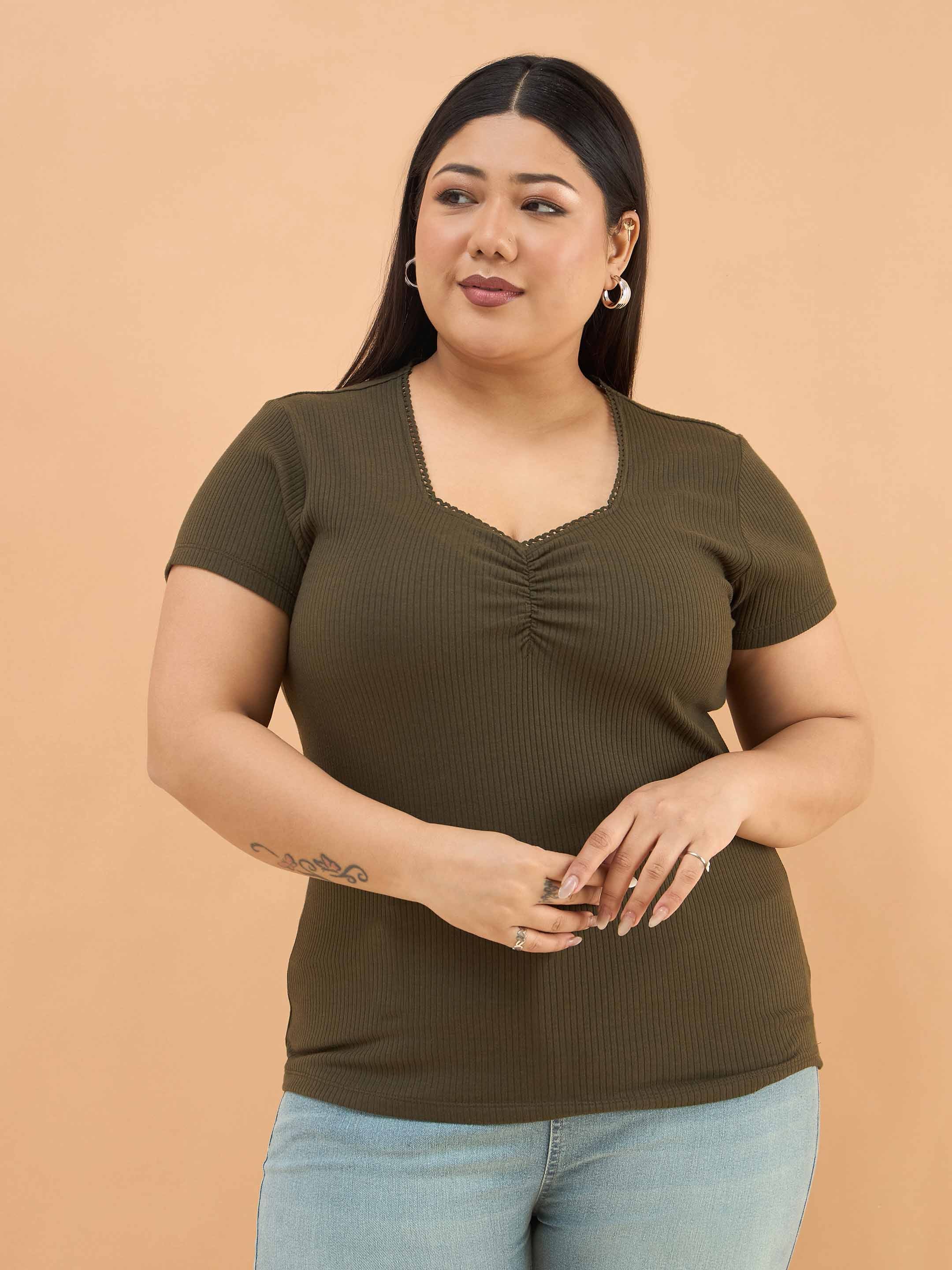 Women Olive Rib Front Ruched Lace Top