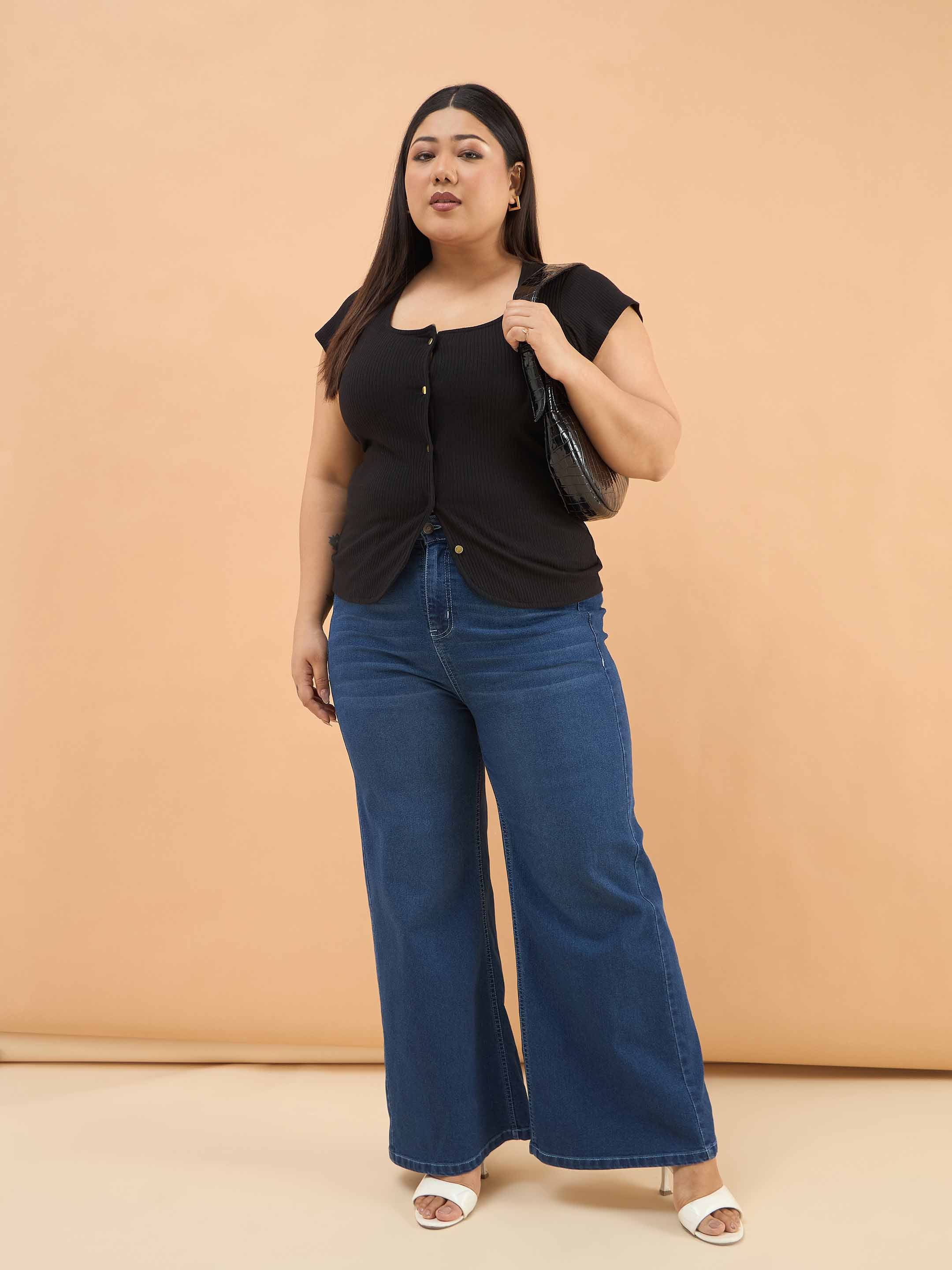 Women Black Rib Square-Neck Button Down Top