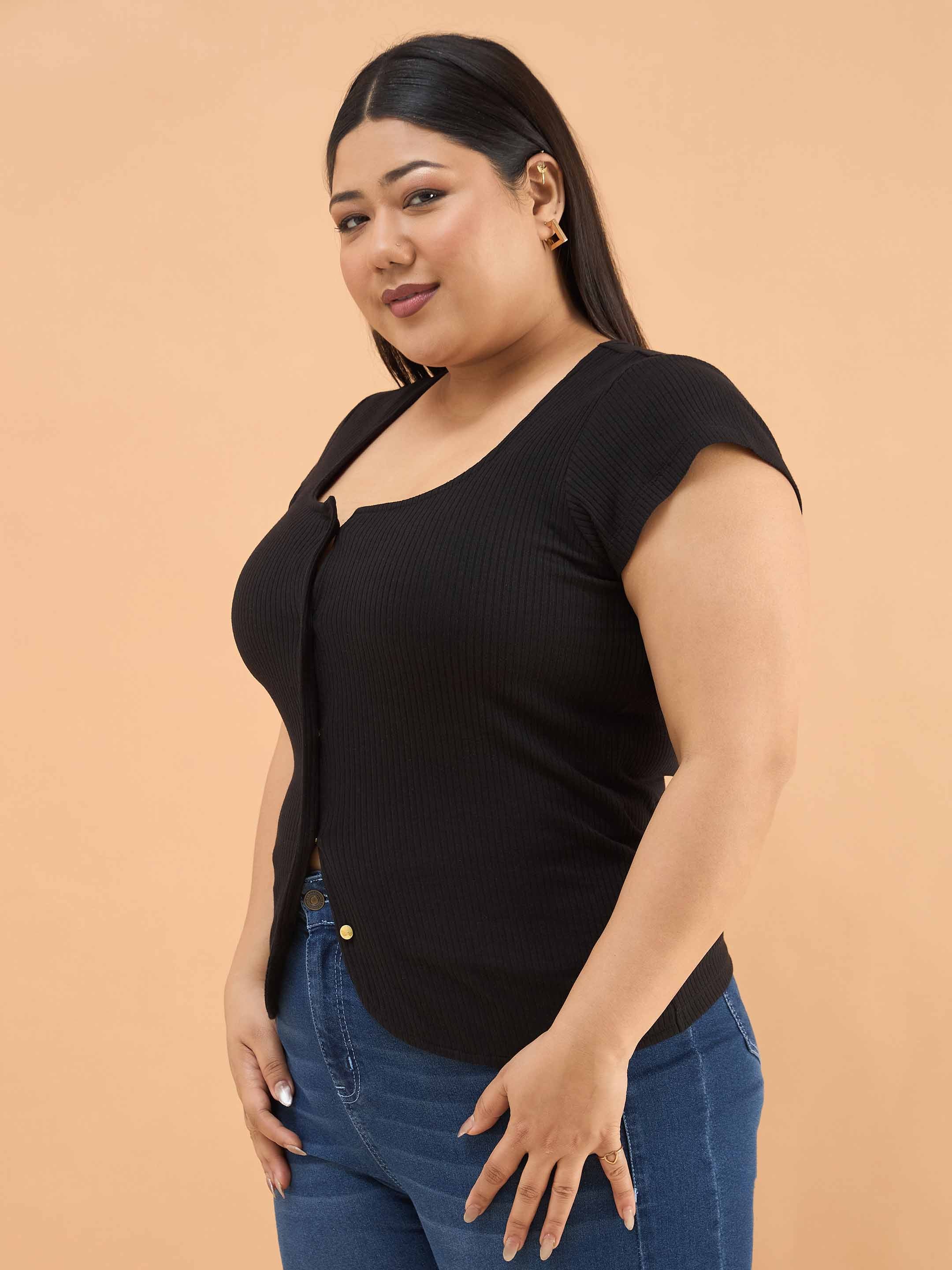 Women Black Rib Square-Neck Button Down Top