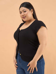 Women Black Rib Square-Neck Button Down Top