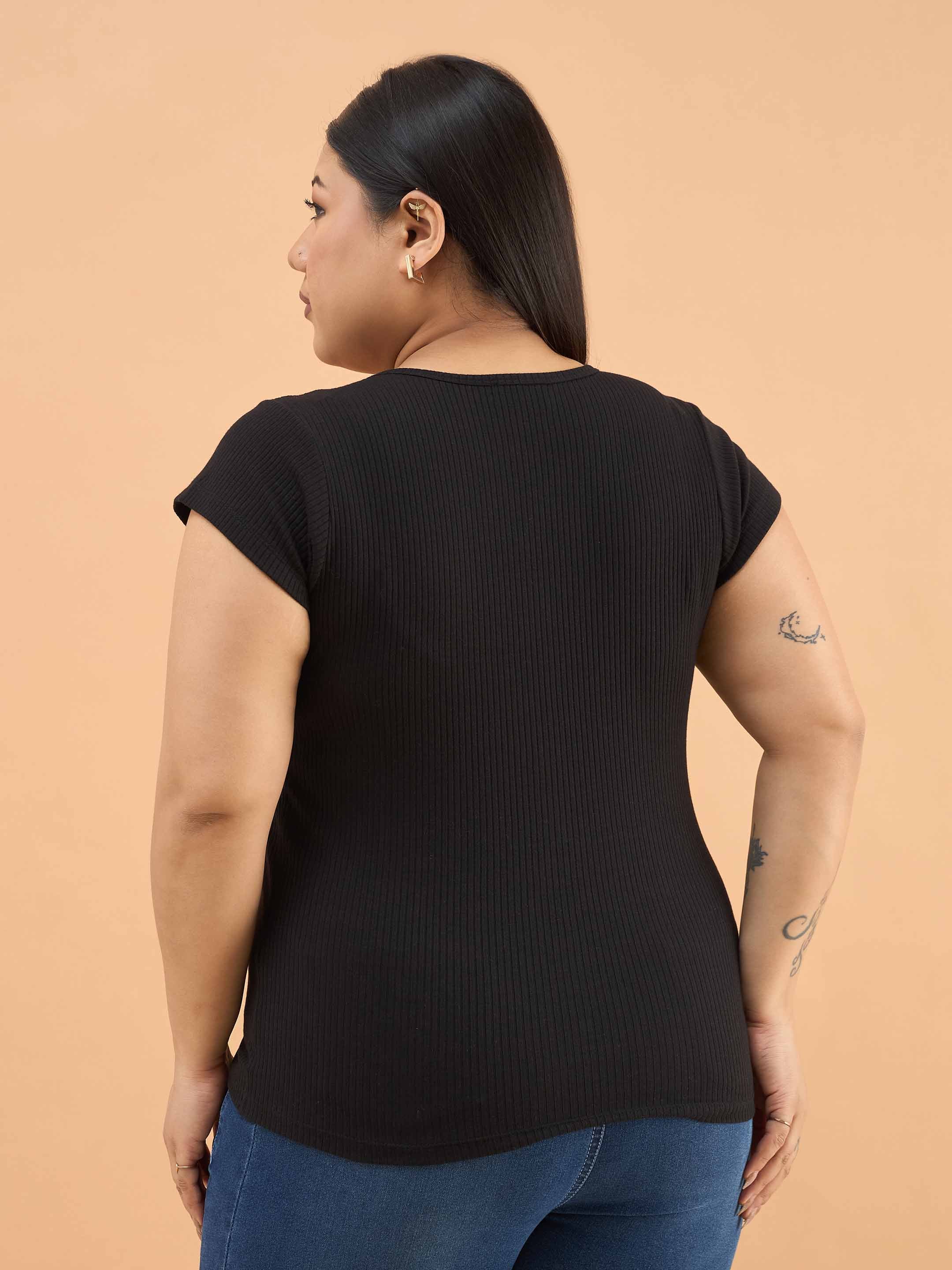 Women Black Rib Square-Neck Button Down Top