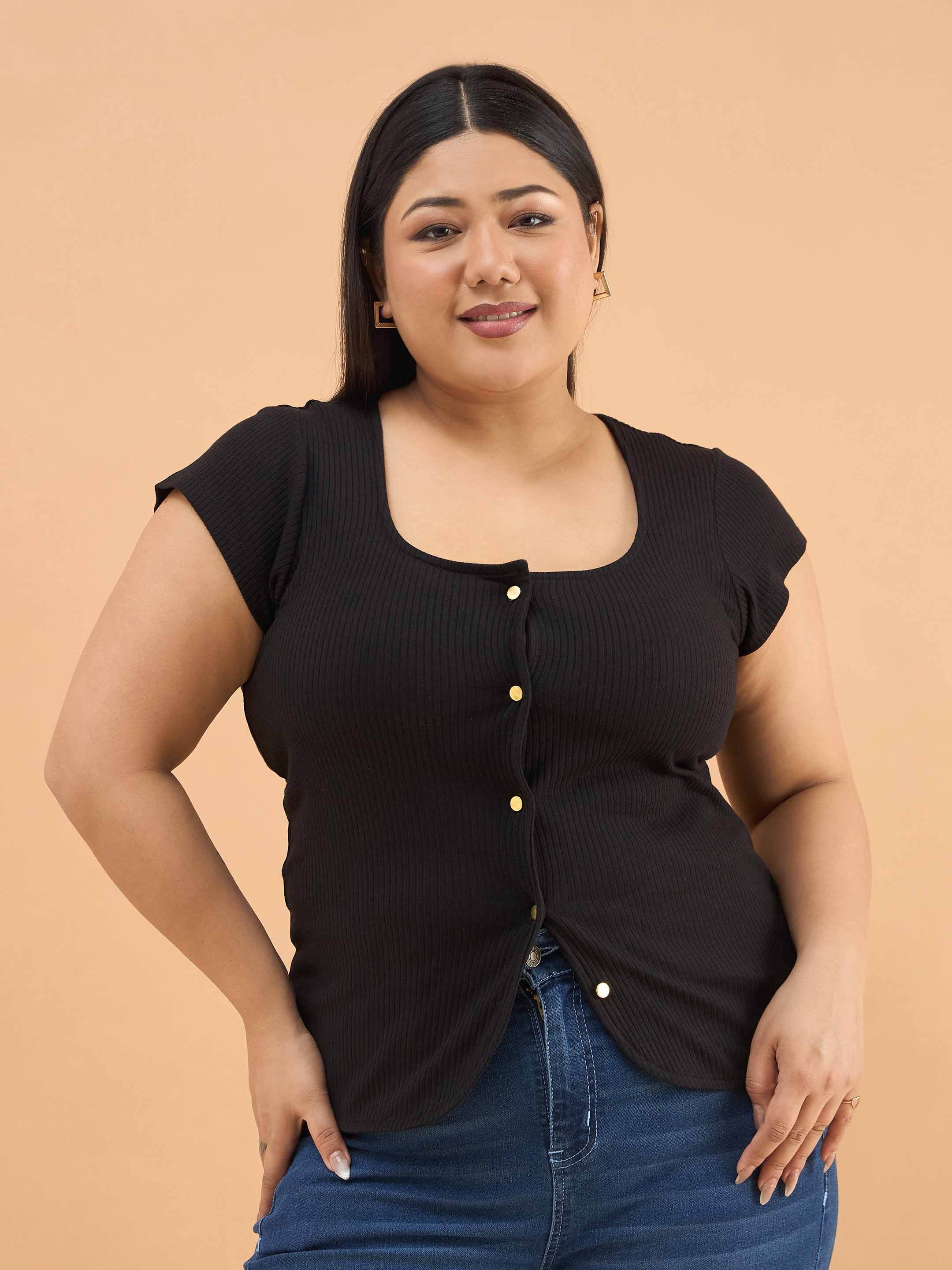 Women Black Rib Square-Neck Button Down Top