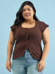 Women Brown Rib Square-Neck Button Down Top
