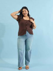 Women Brown Rib Square-Neck Button Down Top