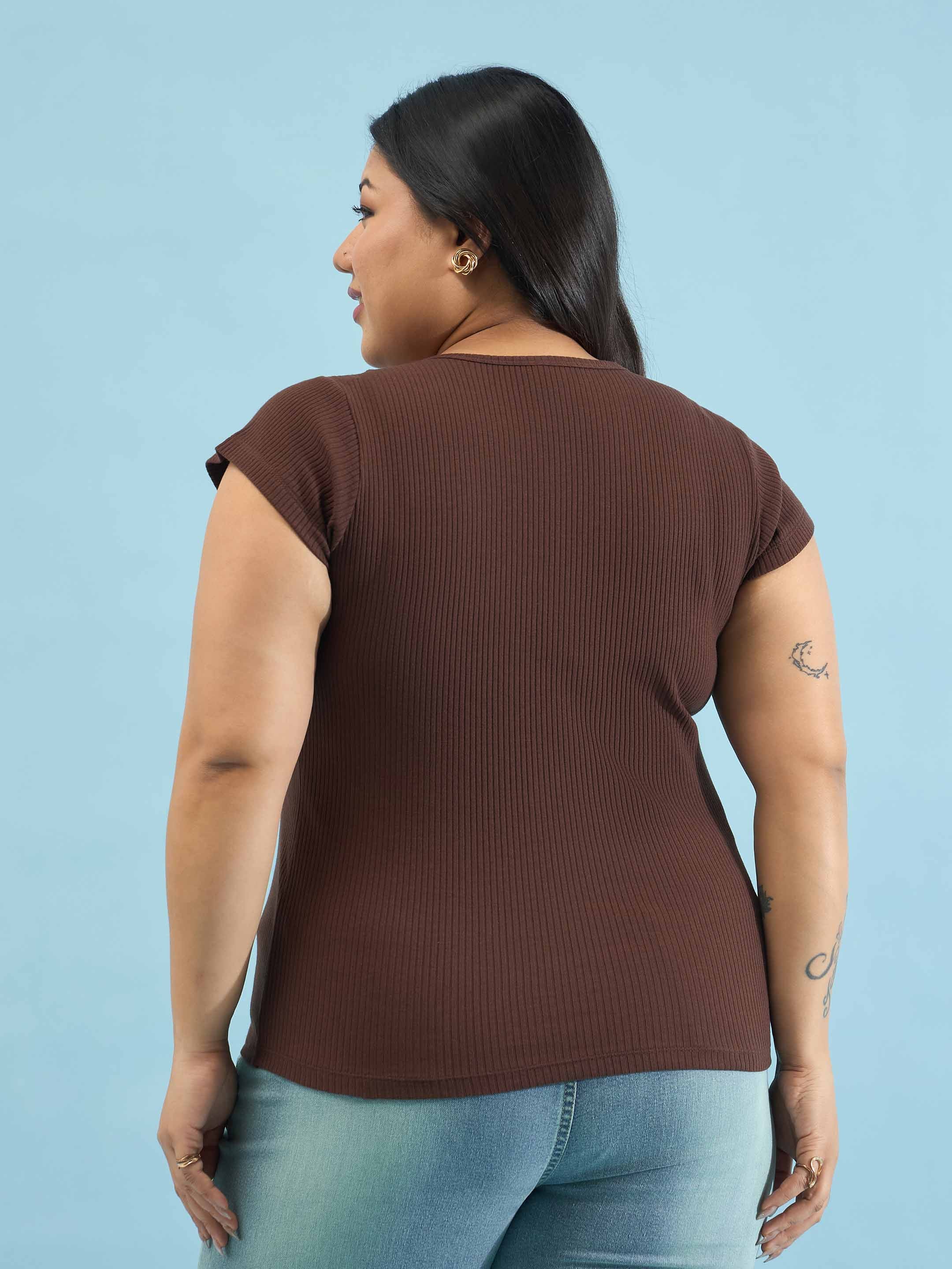 Women Brown Rib Square-Neck Button Down Top
