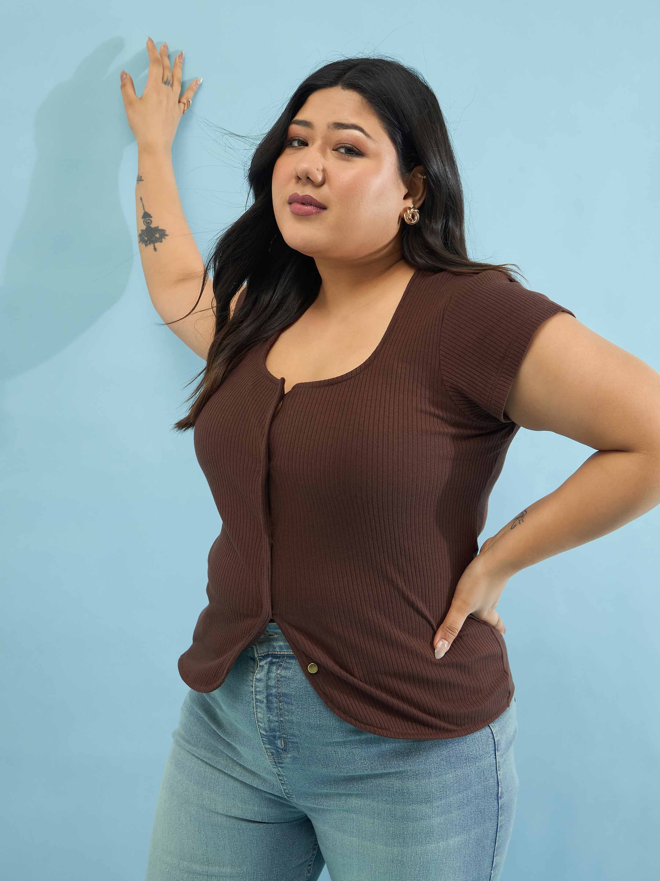 Women Brown Rib Square-Neck Button Down Top