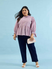 Women Maroon Stripes Sleeves Tie-Knot Peplum Top