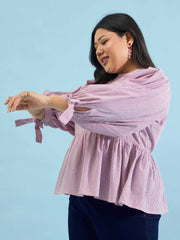 Women Maroon Stripes Sleeves Tie-Knot Peplum Top