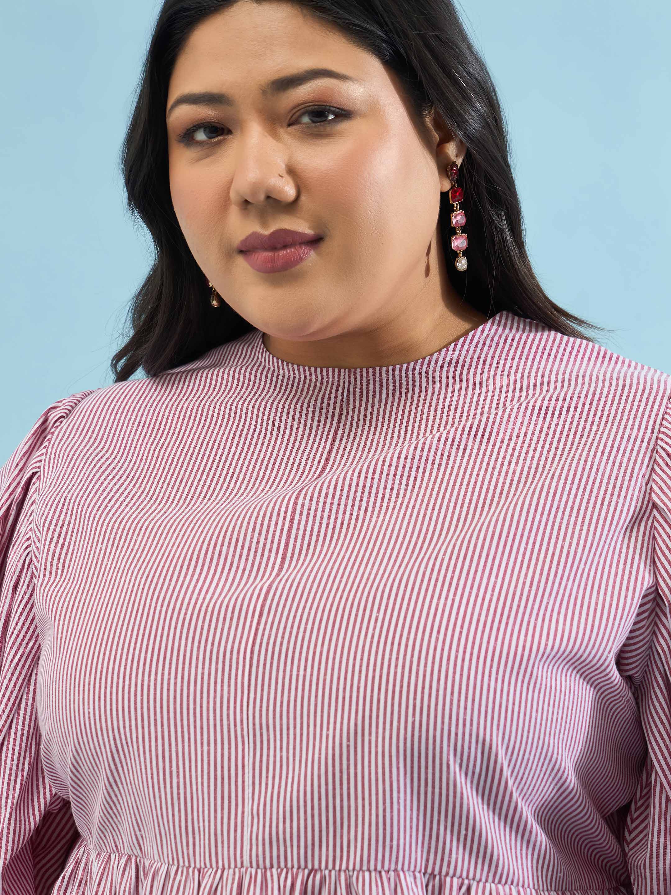 Women Maroon Stripes Sleeves Tie-Knot Peplum Top