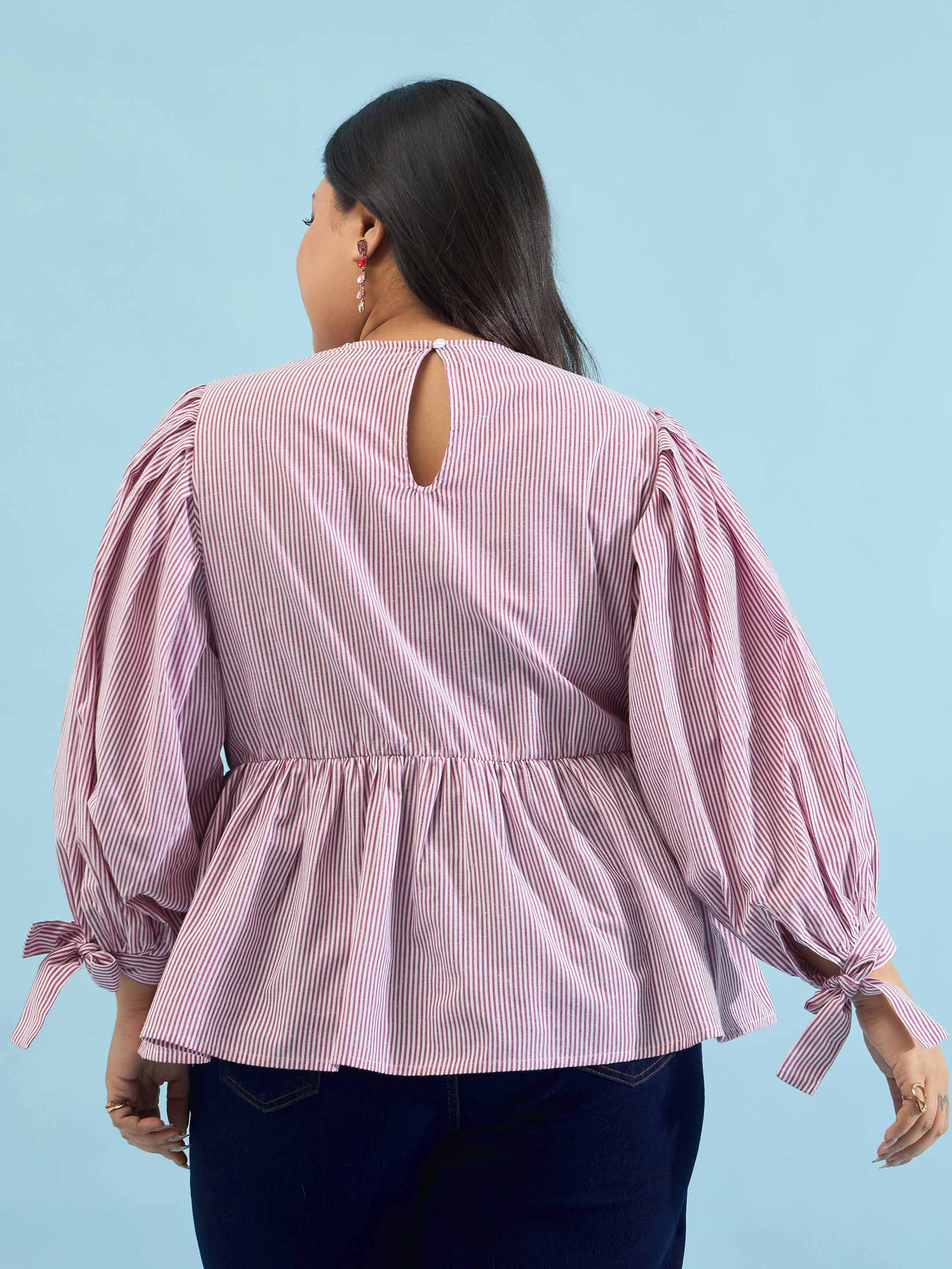 Women Maroon Stripes Sleeves Tie-Knot Peplum Top