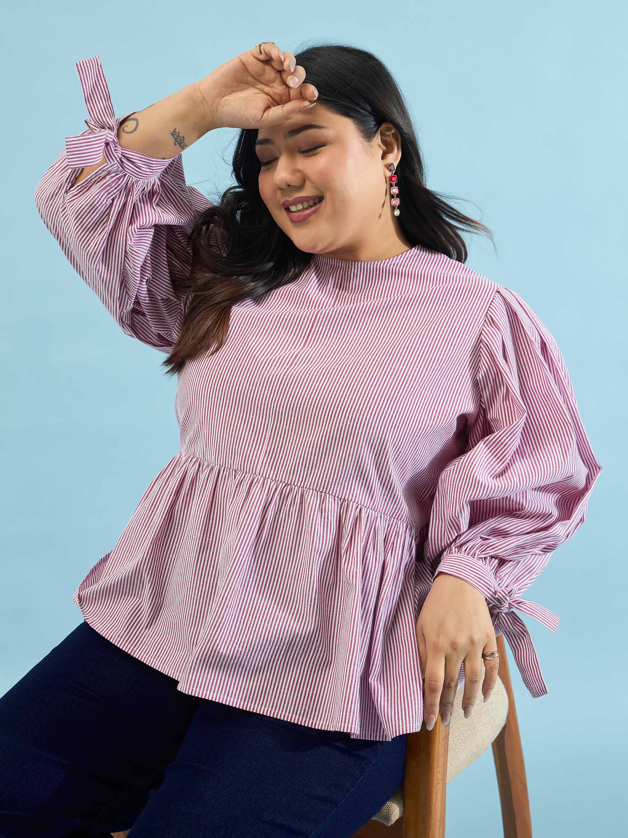 Women Maroon Stripes Sleeves Tie-Knot Peplum Top