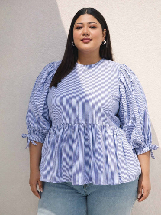 Women Blue Stripes Sleeves Tie-Knot Peplum Top