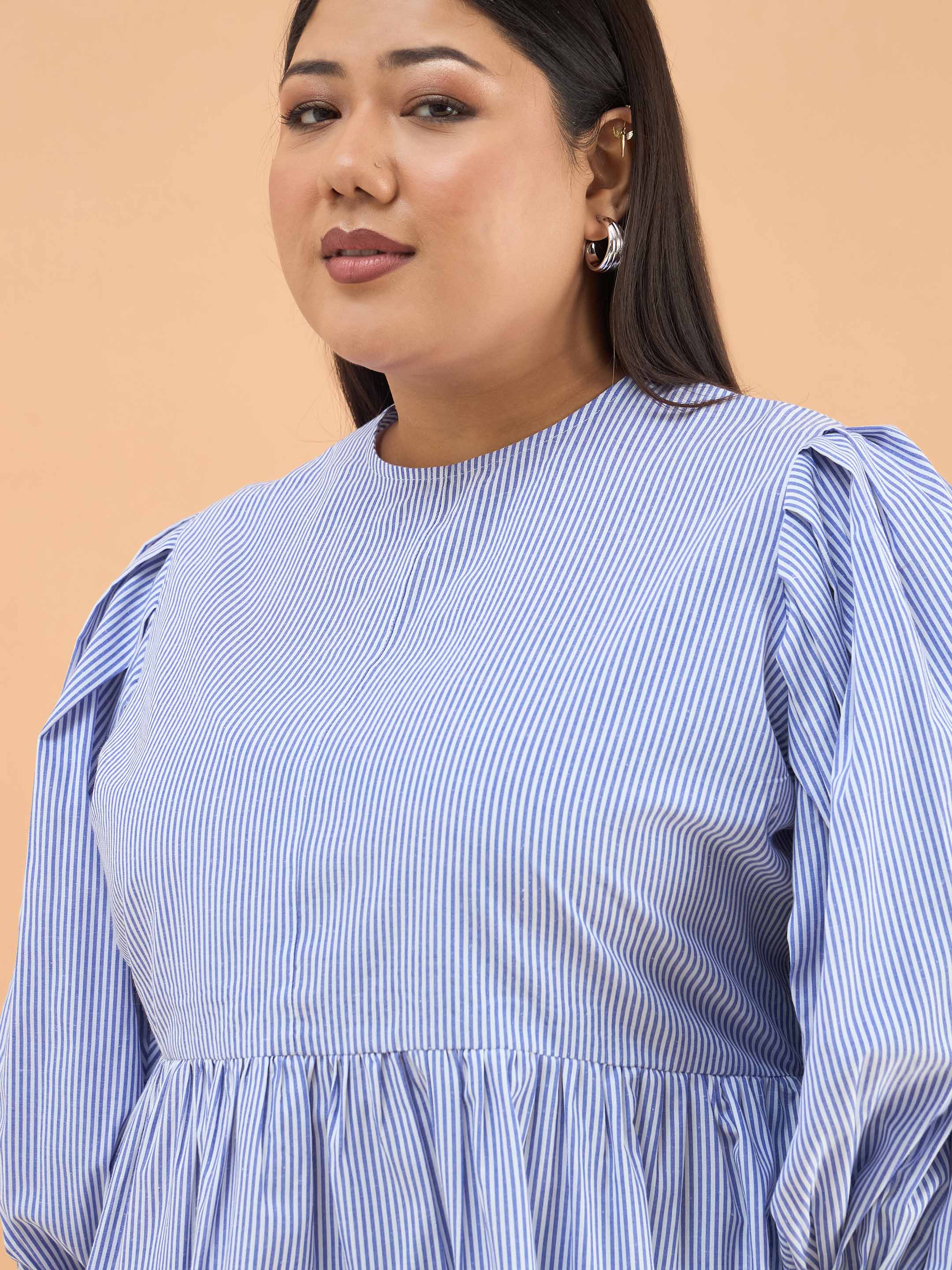 Women Blue Stripes Sleeves Tie-Knot Peplum Top