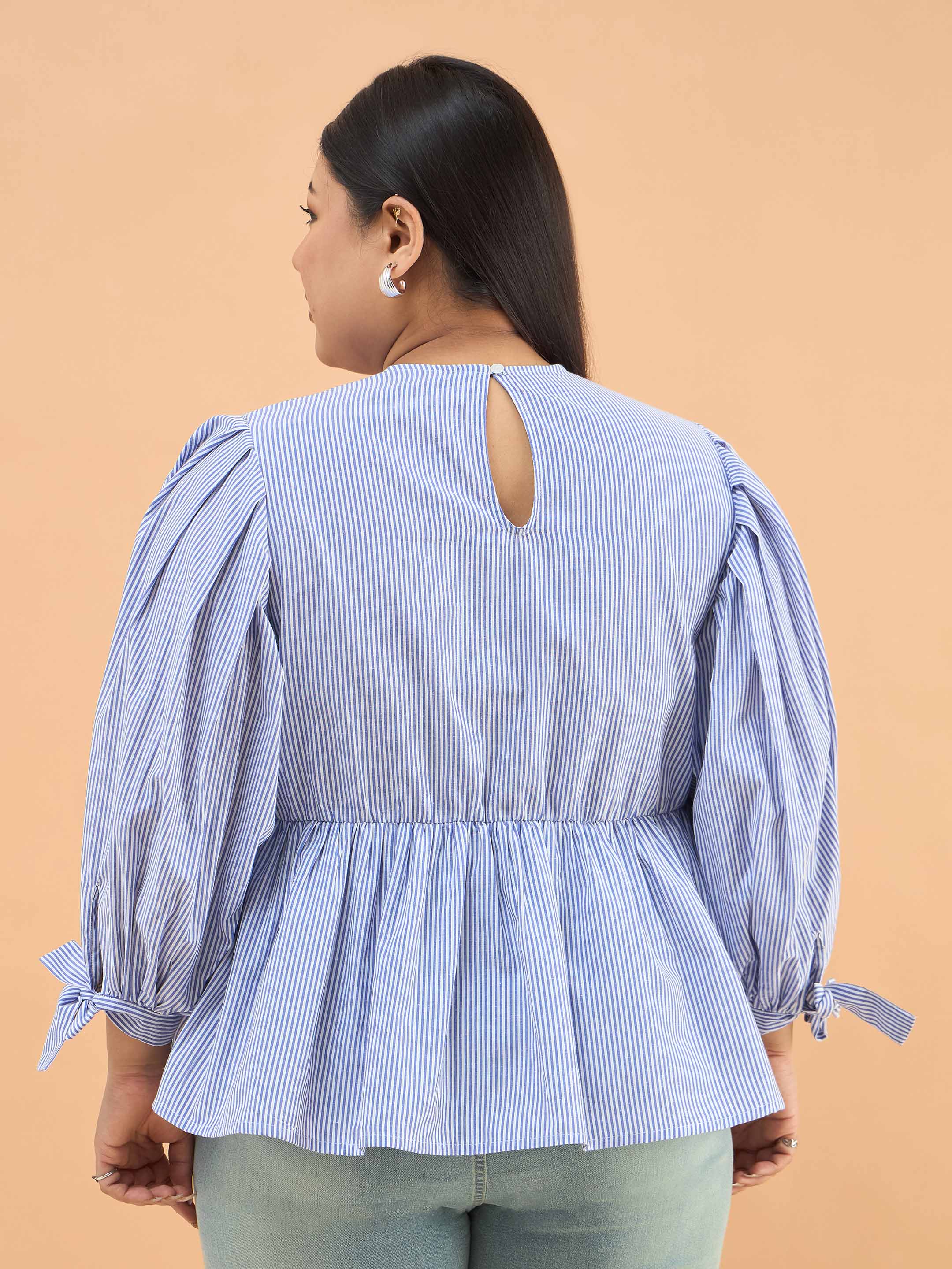 Women Blue Stripes Sleeves Tie-Knot Peplum Top