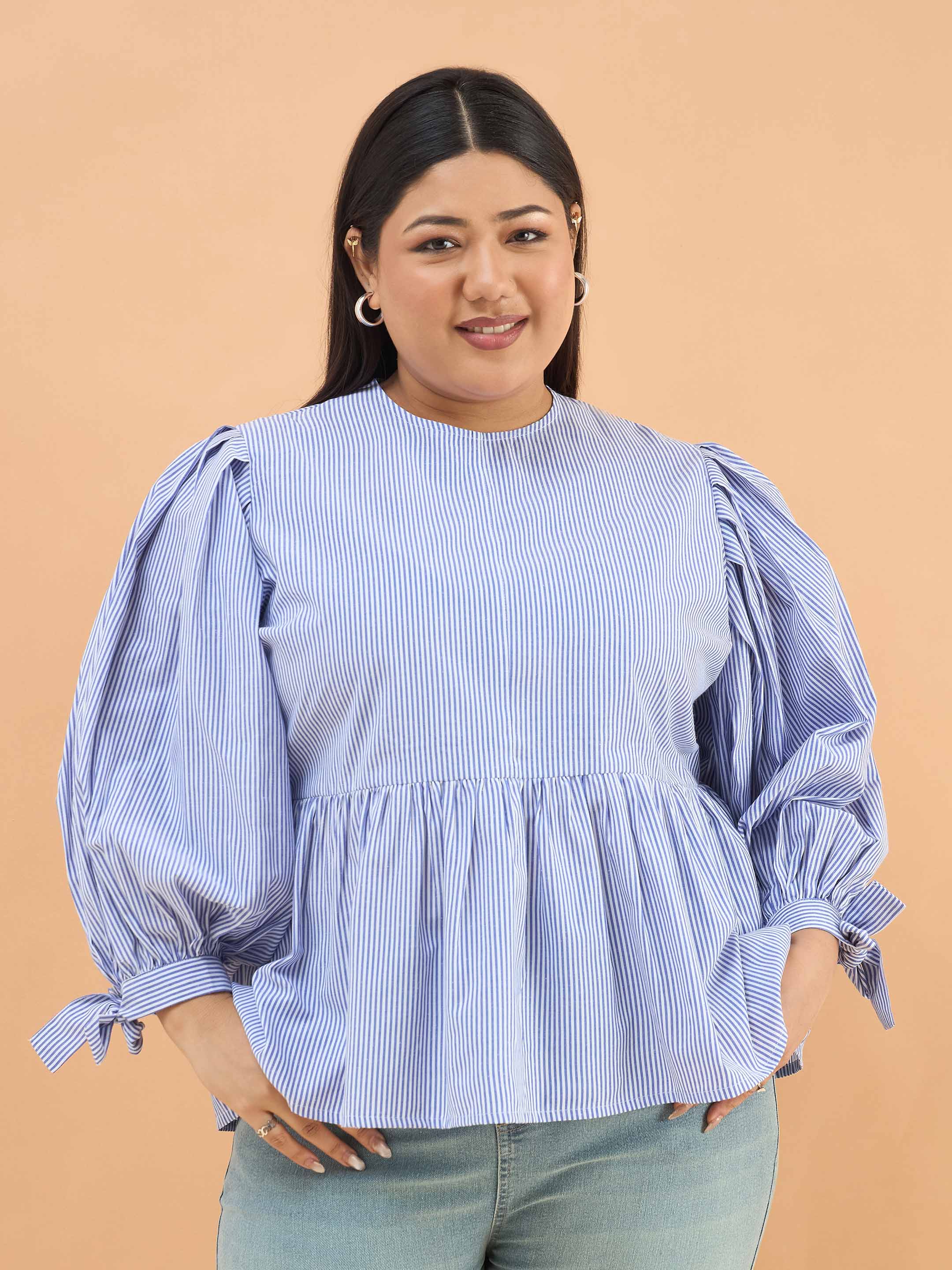 Women Blue Stripes Sleeves Tie-Knot Peplum Top