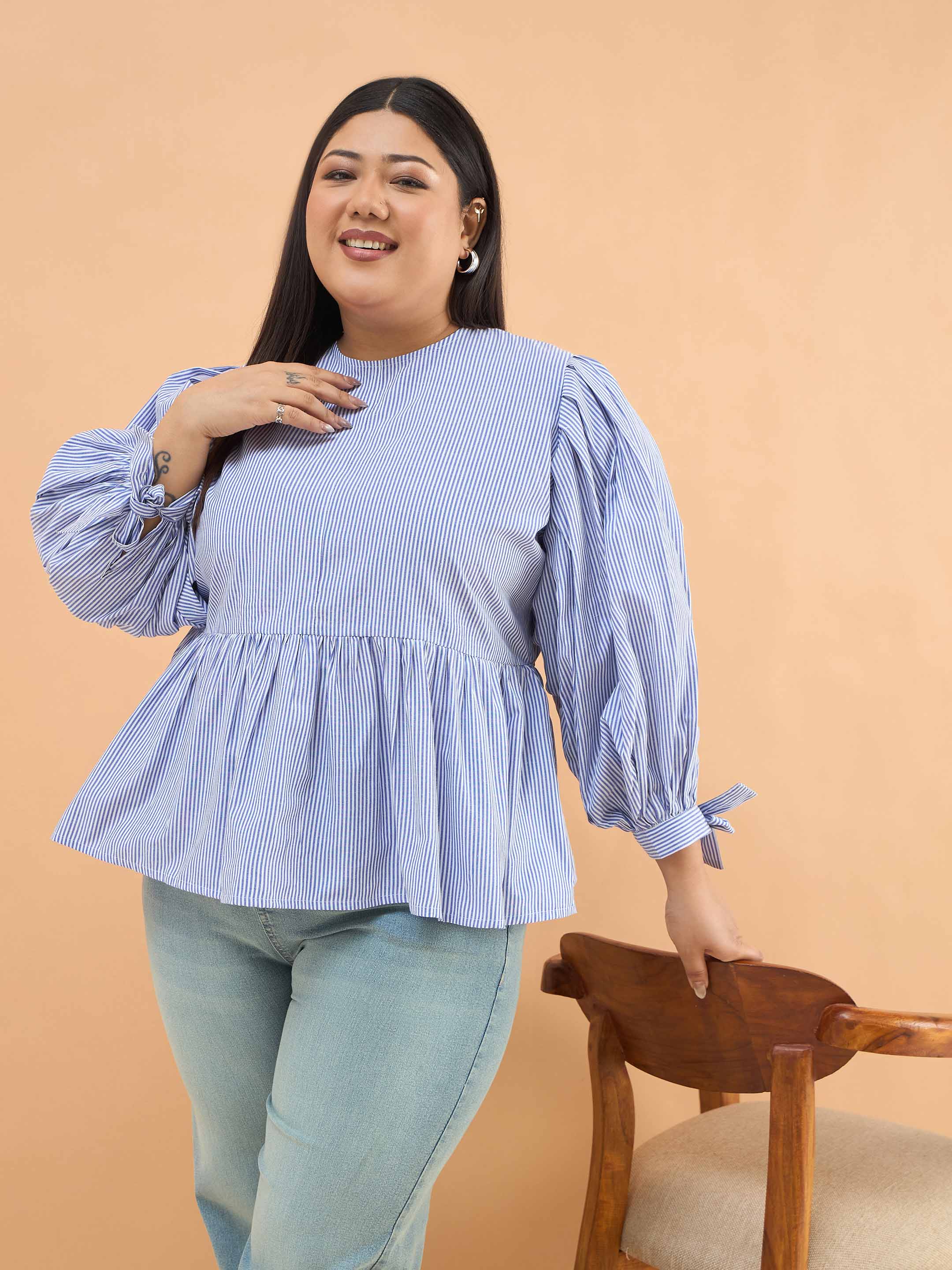 Women Blue Stripes Sleeves Tie-Knot Peplum Top
