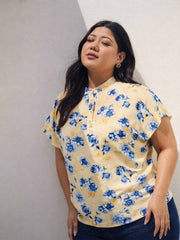 Women Yellow Floral Mandarin Collar Regular Top