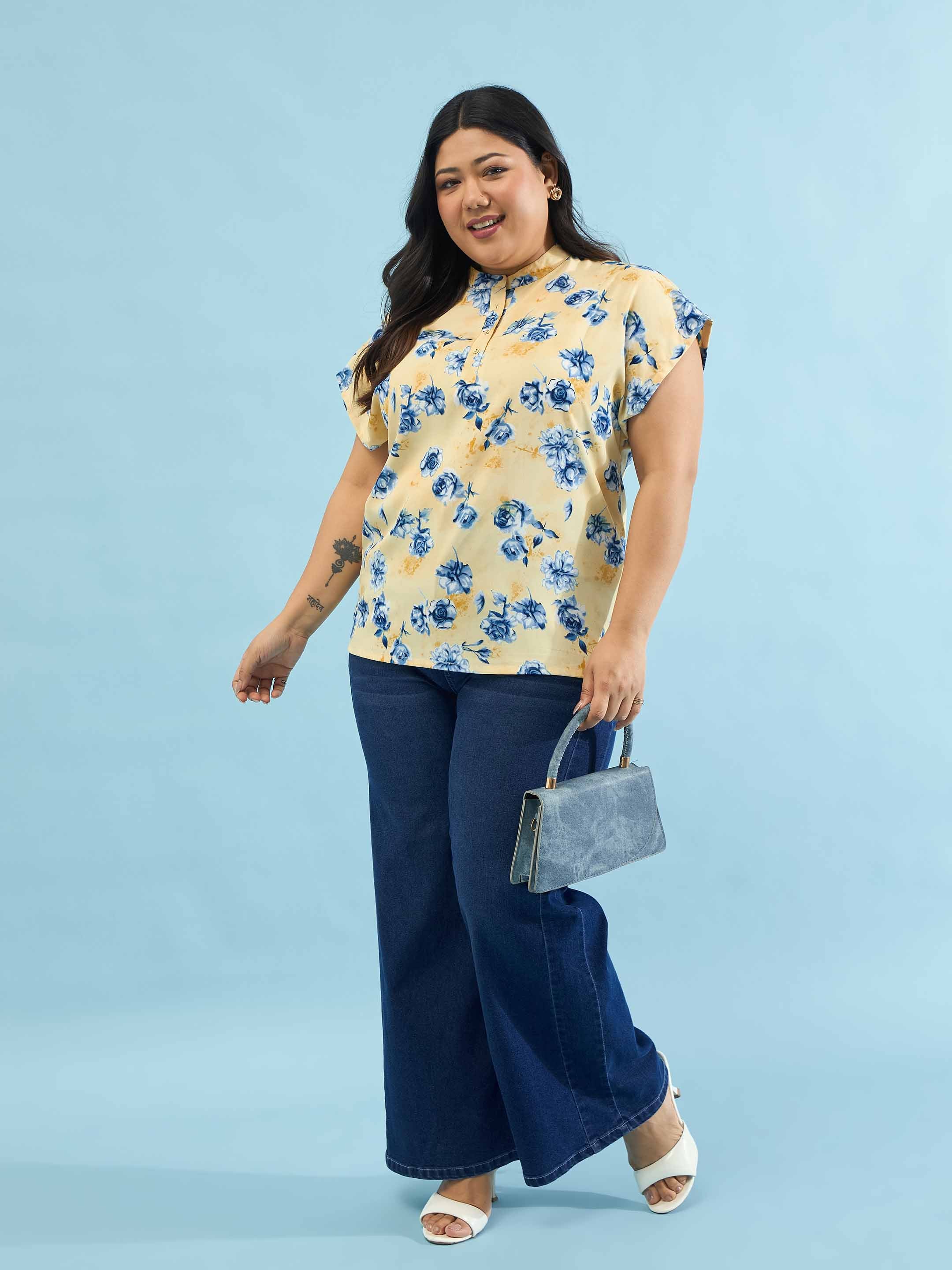 Women Yellow Floral Mandarin Collar Regular Top