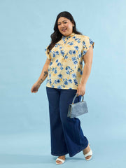 Women Yellow Floral Mandarin Collar Regular Top