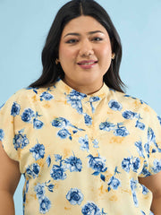 Women Yellow Floral Mandarin Collar Regular Top