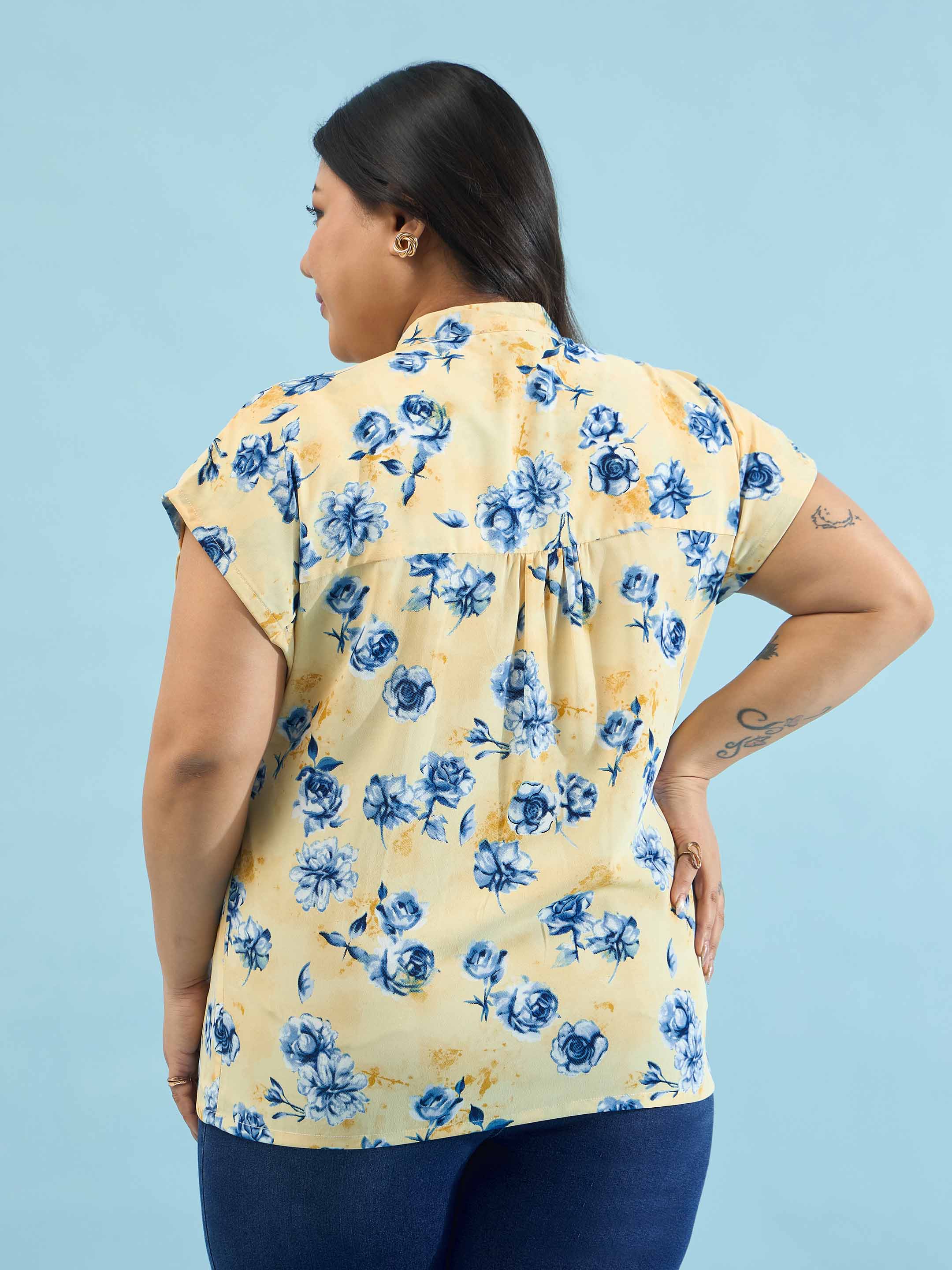 Women Yellow Floral Mandarin Collar Regular Top