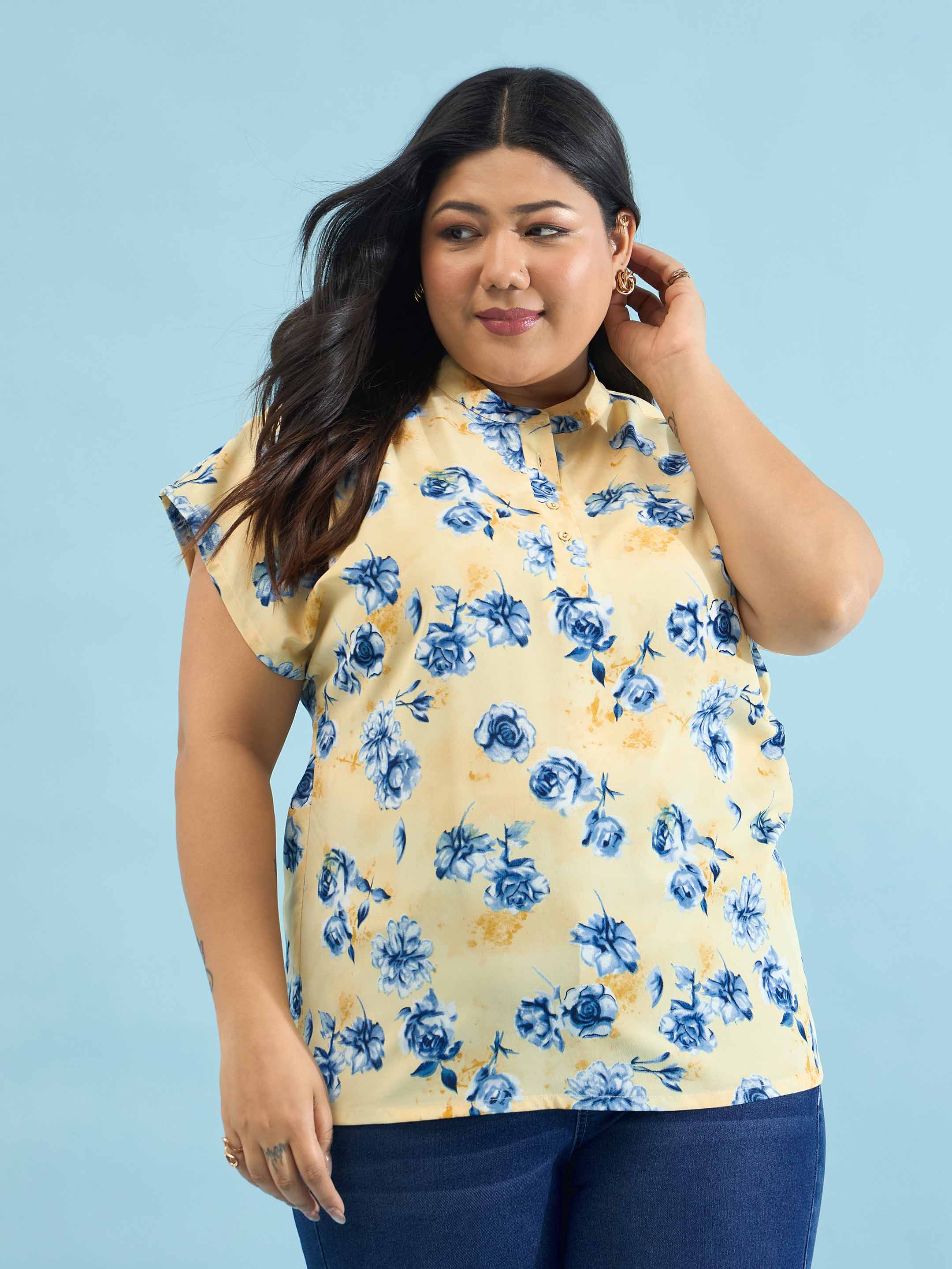 Women Yellow Floral Mandarin Collar Regular Top