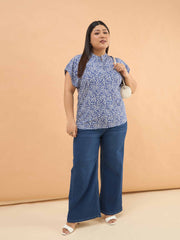 Women Blue Ditsy Floral Mandarin Collar Regular Top