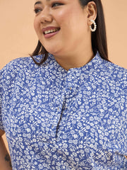 Women Blue Ditsy Floral Mandarin Collar Regular Top