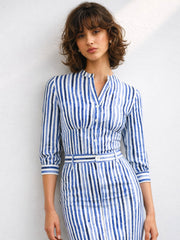Women Blue Linen Striped V Neck Front Button Top