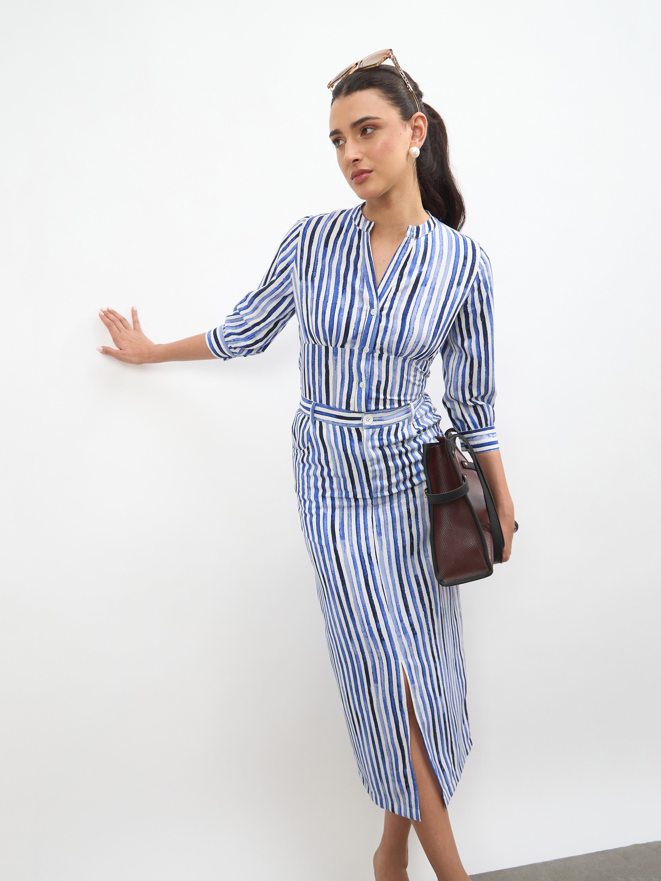 Women Blue Linen Striped V Neck Front Button Top
