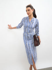 Women Blue Linen Striped V Neck Front Button Top
