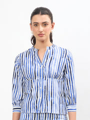 Women Blue Linen Striped V Neck Front Button Top