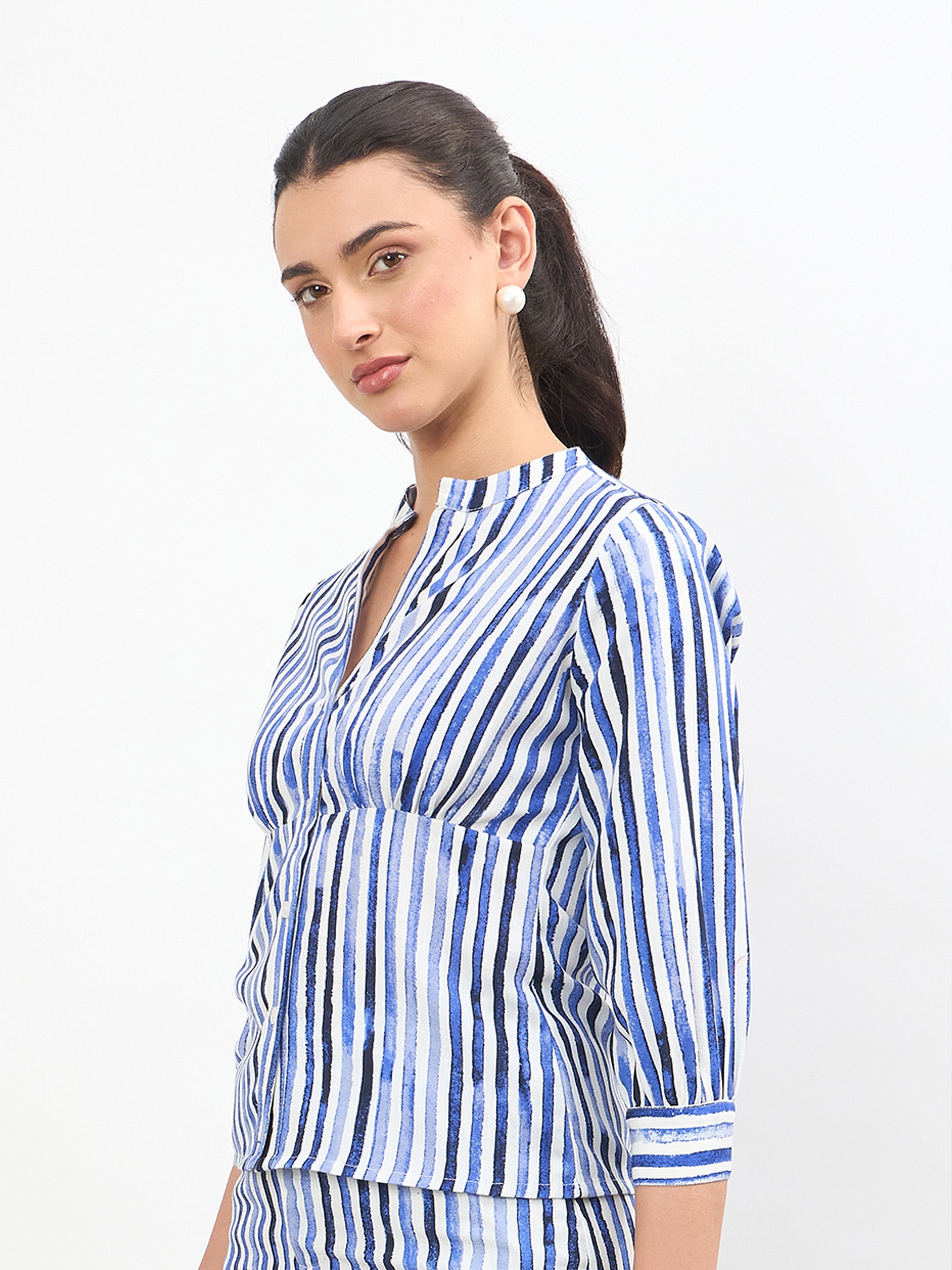 Women Blue Linen Striped V Neck Front Button Top