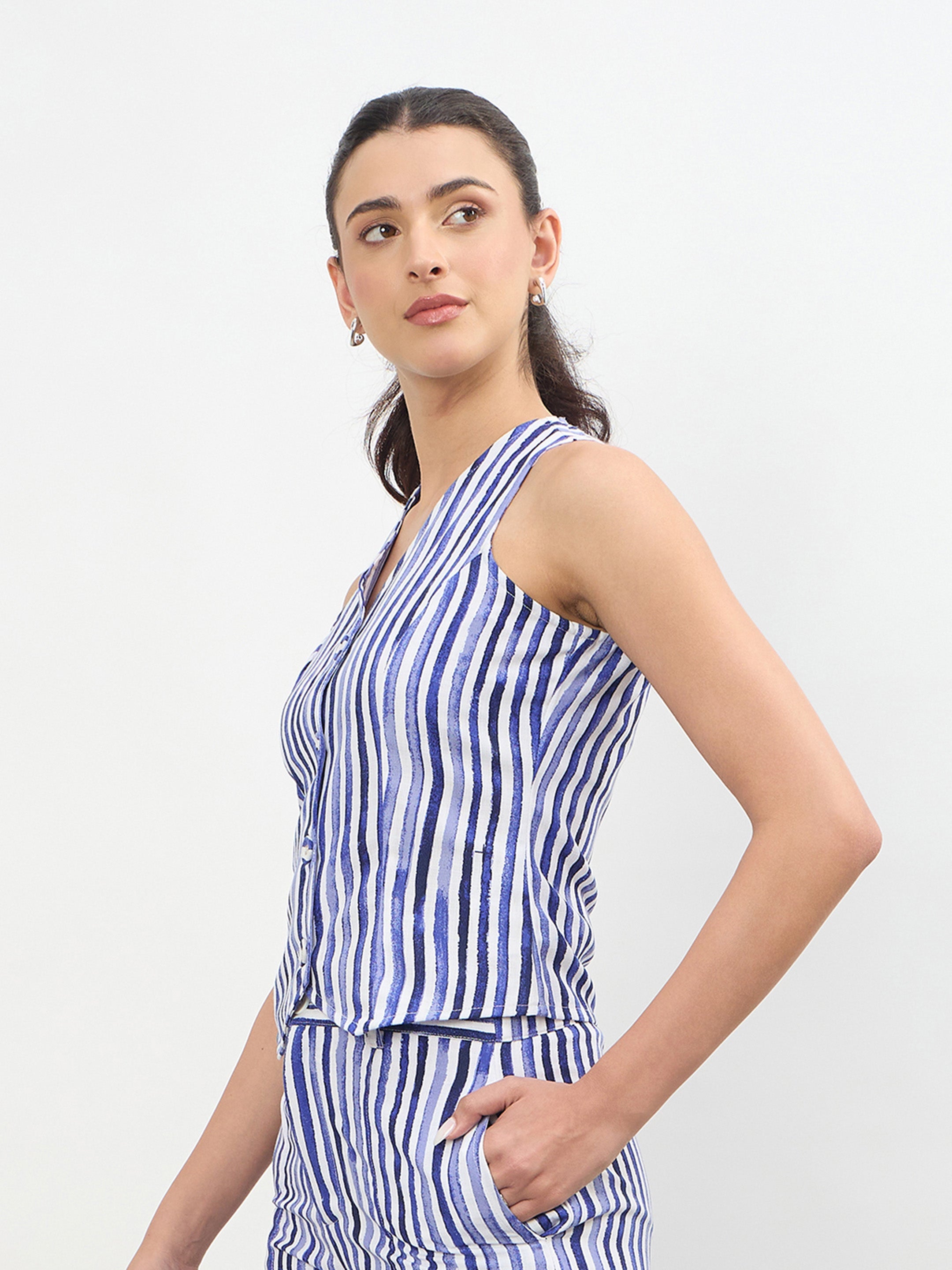 Women Blue Linen Striped V Neck Front Button Vest Top
