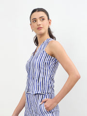 Women Blue Linen Striped V Neck Front Button Vest Top