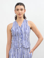 Women Blue Linen Striped V Neck Front Button Vest Top