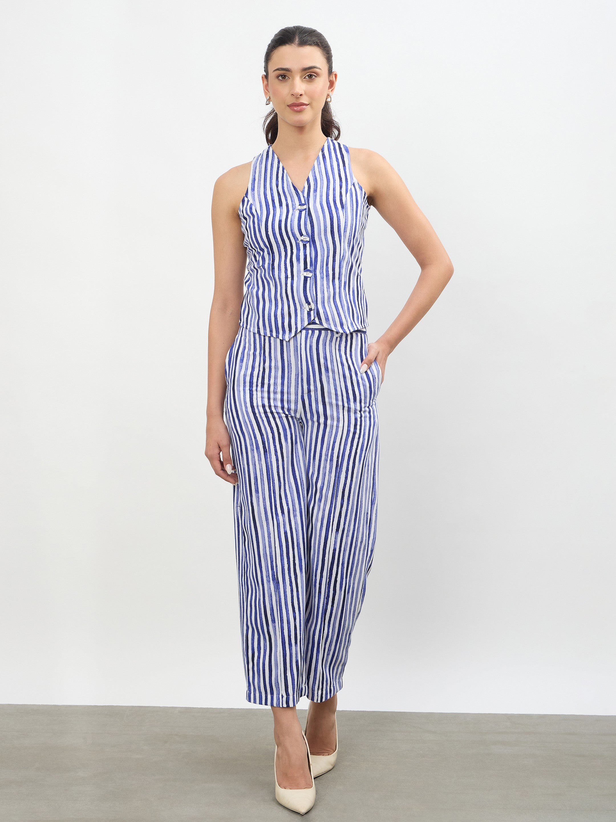 Women Blue Linen Striped V Neck Front Button Vest Top