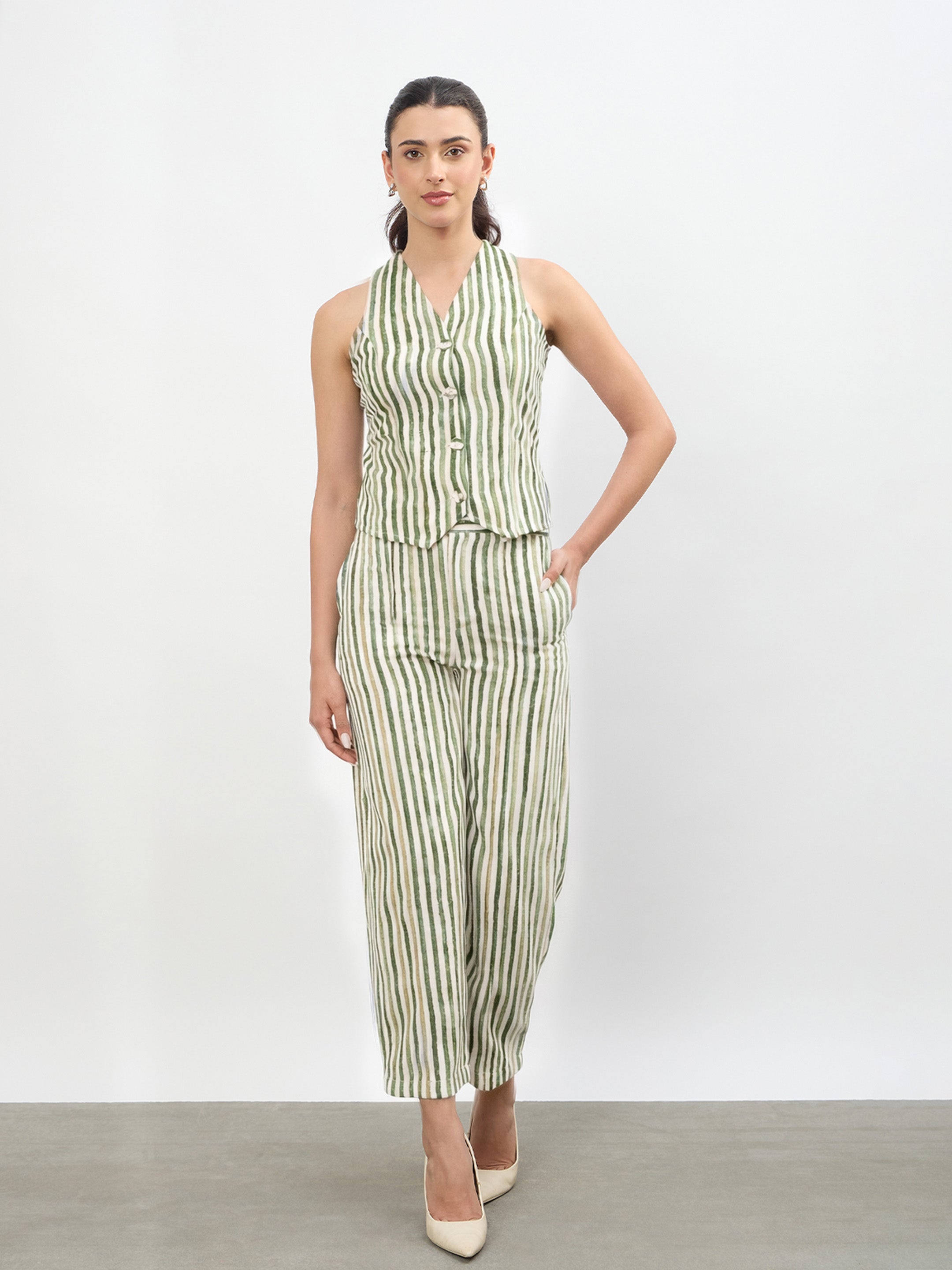 Women Green Linen Striped V Neck Front Button Vest Top