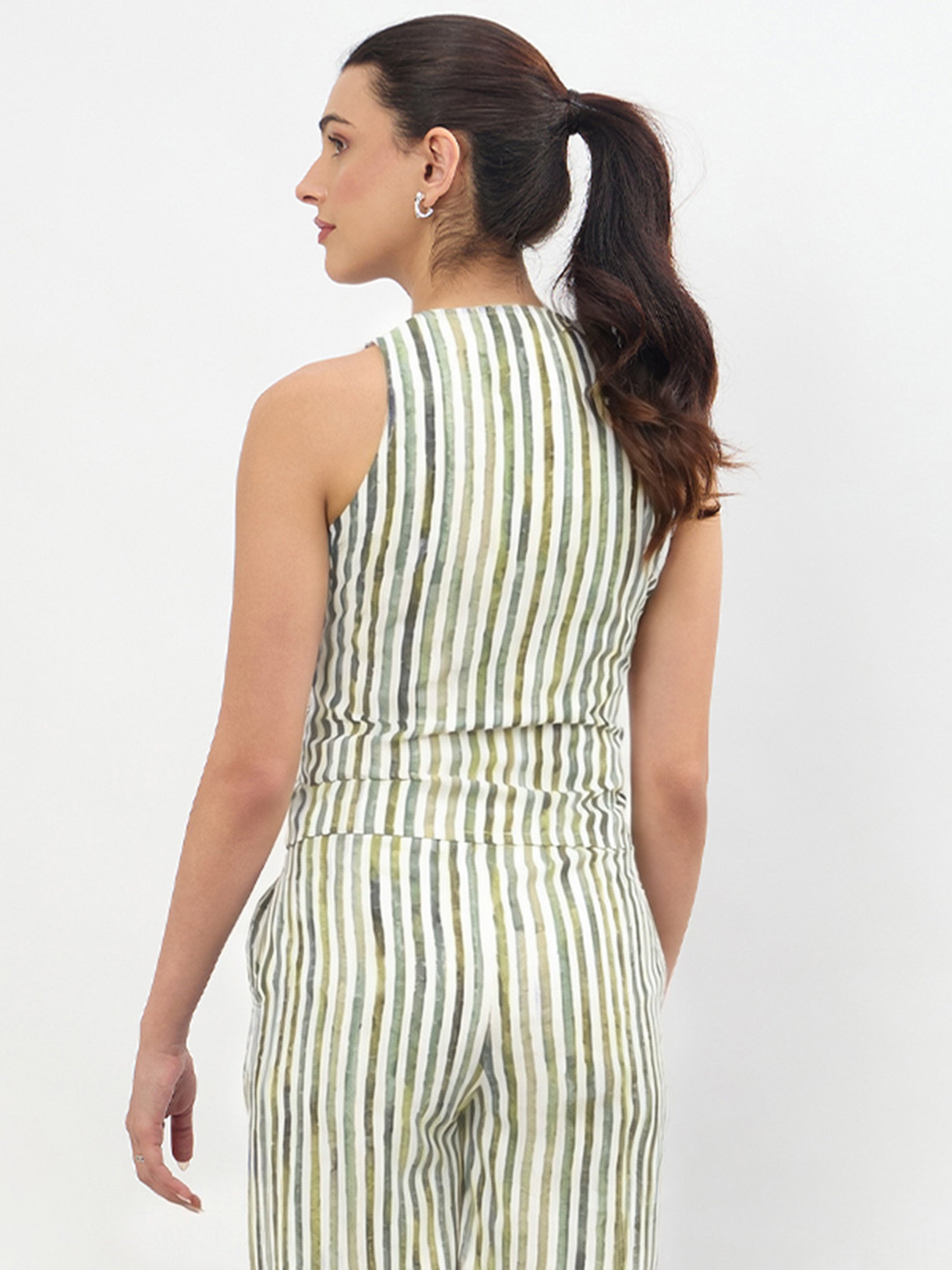 Women Green Linen Striped V Neck Front Button Vest Top